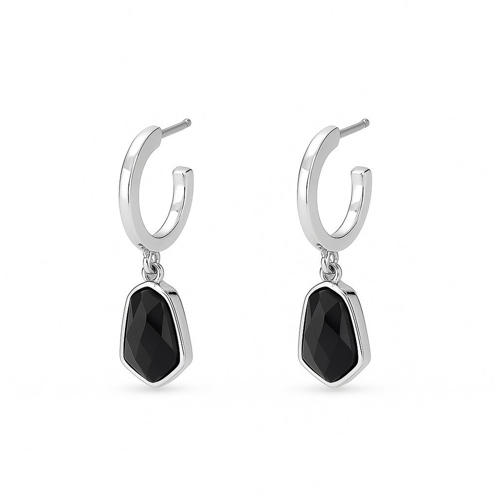 Kendra Scott Rhodium Silver Huggie Hoop Earrings w/ Black Onyx Dangle